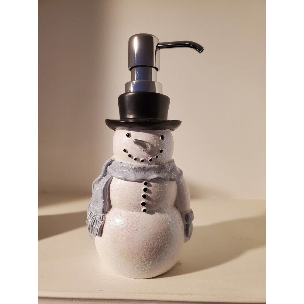 8" Glittery Snowman w/ Blue Scarf Ceramic Soap/lotion Dispenser w/Silver Pumper